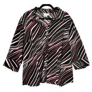 Vintage Fred David Woman Womens Blouse Button Up Shirt 3X Red Black White 3/4 Sl